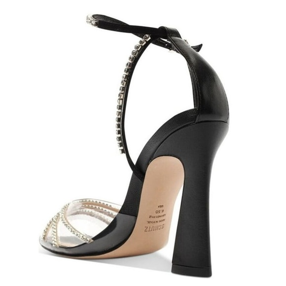 Schutz Black Rowena Transparent Leather Crystal Rhinestone Heeled Sandal NWT 7.5 - Picture 2 of 12